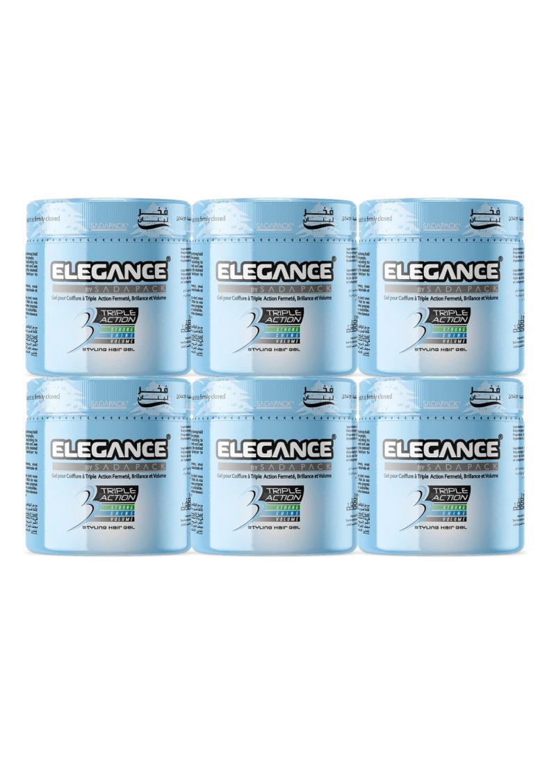 Elegance Triple Action Hair Gel – Blue – 250ml – Pack of 6 | Strong Hold, Shine & Volumizing Styling Control