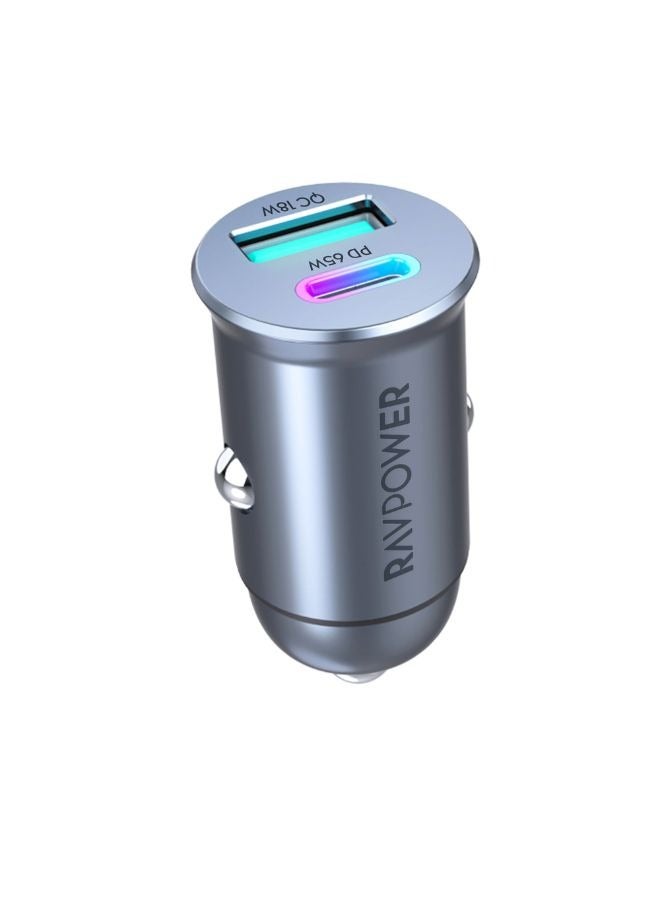راف باور شاحن سيارة مزدوج المنفذ 65 واط، USB-C PD و USB-A QC، شاحن سيارة سريع مدمج من سبائك الألمنيوم بتقنية GaN لجهاز iPhone وSamsung وأجهزة الكمبيوتر المحمولة والمزيد - Image 2