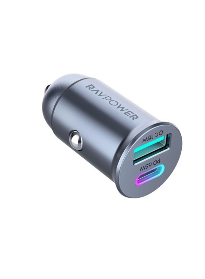 راف باور شاحن سيارة مزدوج المنفذ 65 واط، USB-C PD و USB-A QC، شاحن سيارة سريع مدمج من سبائك الألمنيوم بتقنية GaN لجهاز iPhone وSamsung وأجهزة الكمبيوتر المحمولة والمزيد - Image 1
