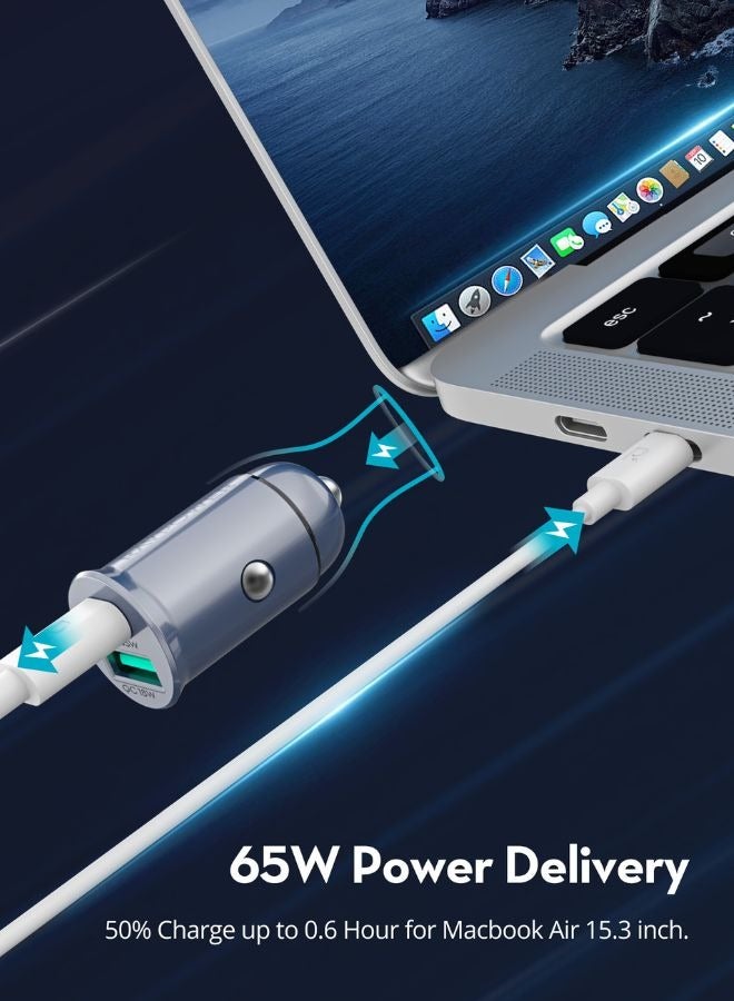 راف باور شاحن سيارة مزدوج المنفذ 65 واط، USB-C PD و USB-A QC، شاحن سيارة سريع مدمج من سبائك الألمنيوم بتقنية GaN لجهاز iPhone وSamsung وأجهزة الكمبيوتر المحمولة والمزيد - Image 5