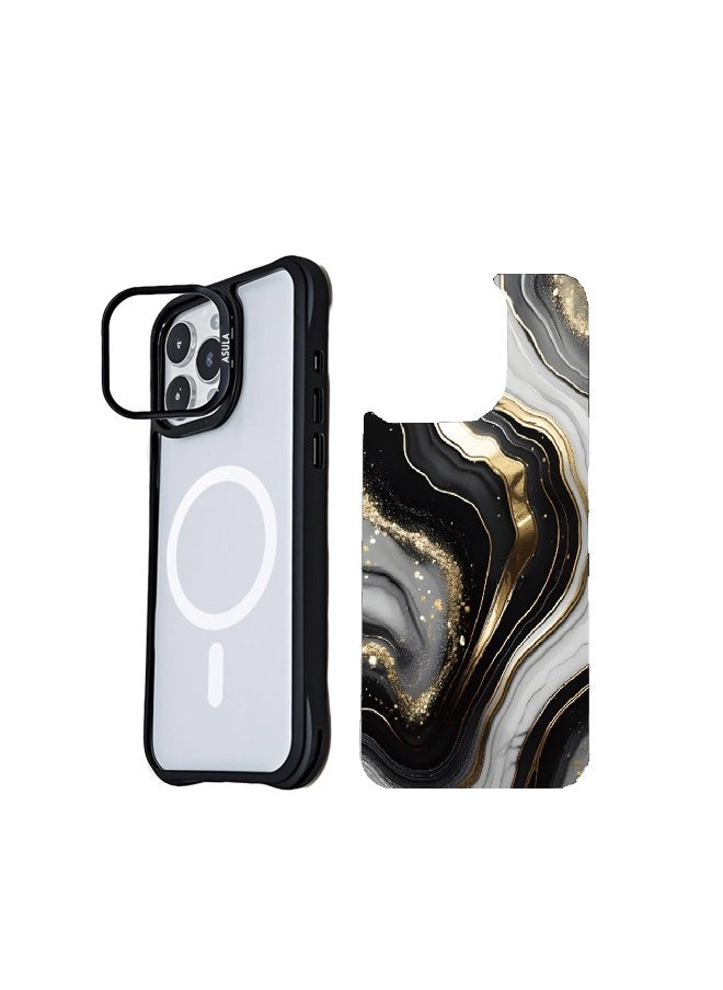 IPhone 16 ProMax Case,Magnetic Ring,Interchangeable Cover,Anti-Slip Soft Raised Edge Drop Protection,Built-in Invisible Stand protect lens,Gold Raised Texture-Ink Gold