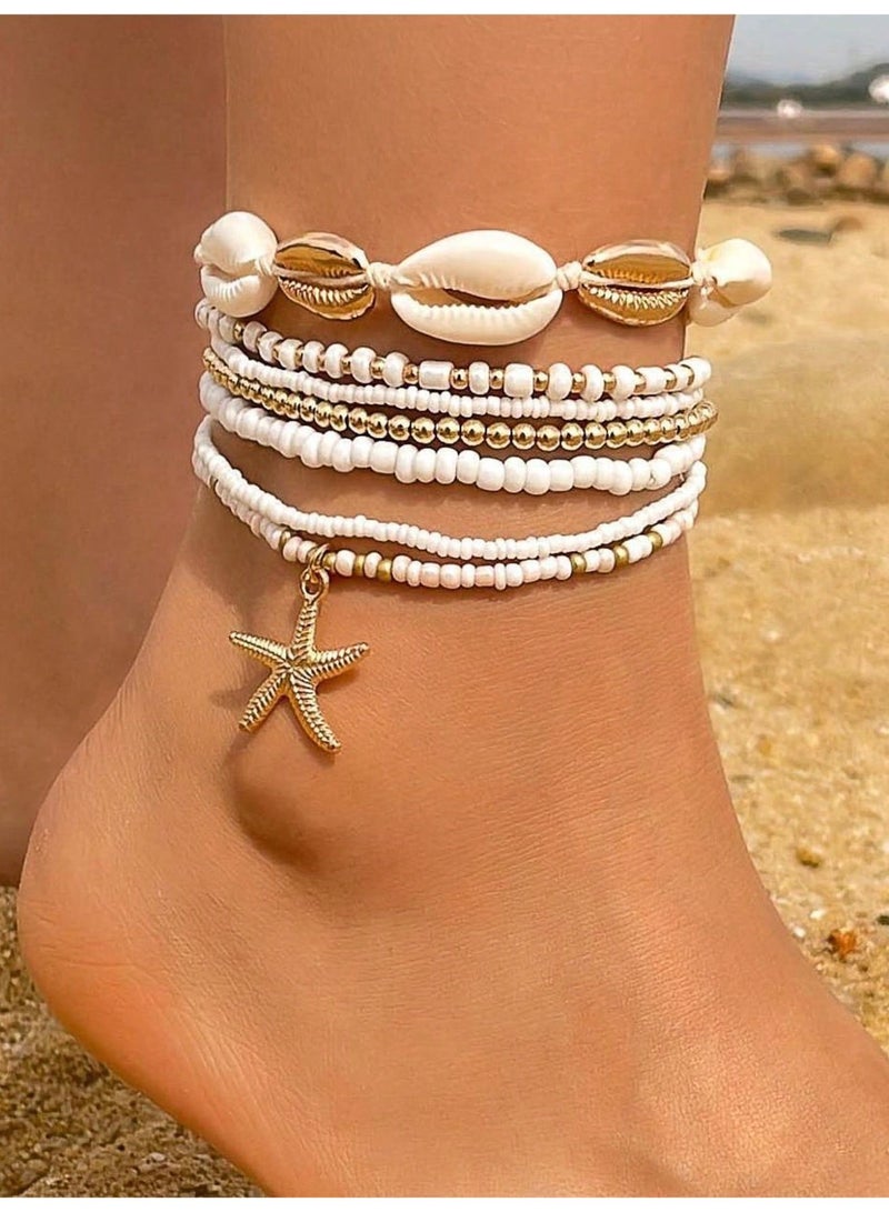 Miamia 7 Pieces Anklet Set with Shells, Starfish, Rice Beads, Bohemian Beach Style in White – Beautiful Beach Jewelry for Women and Girls, Tropical Accessory, Elegant Beach Jewelry, Summer Gift, Trendy Accessories, Yoga & Fitness Jewelry, Beachwear, Nautical Home Decor, Beach Photography Props, Tourist and Birthday Gifts - Image 1