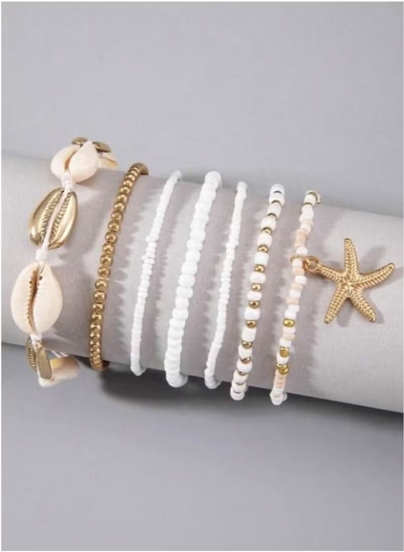Miamia 7 Pieces Anklet Set with Shells, Starfish, Rice Beads, Bohemian Beach Style in White – Beautiful Beach Jewelry for Women and Girls, Tropical Accessory, Elegant Beach Jewelry, Summer Gift, Trendy Accessories, Yoga & Fitness Jewelry, Beachwear, Nautical Home Decor, Beach Photography Props, Tourist and Birthday Gifts - Image 5