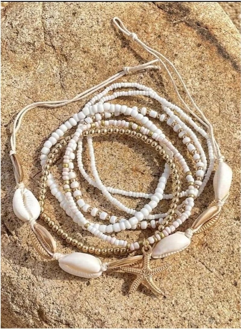 Miamia 7 Pieces Anklet Set with Shells, Starfish, Rice Beads, Bohemian Beach Style in White – Beautiful Beach Jewelry for Women and Girls, Tropical Accessory, Elegant Beach Jewelry, Summer Gift, Trendy Accessories, Yoga & Fitness Jewelry, Beachwear, Nautical Home Decor, Beach Photography Props, Tourist and Birthday Gifts - Image 2