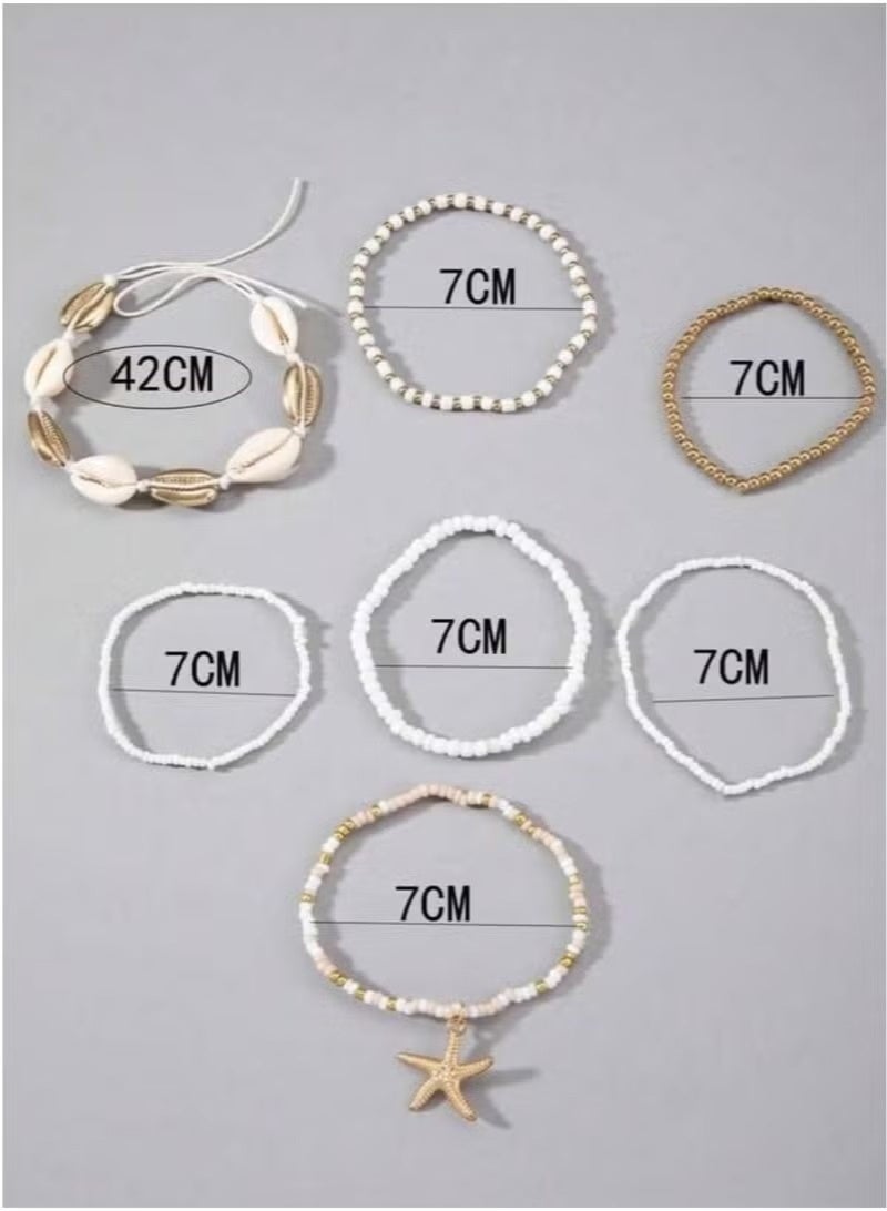 Miamia 7 Pieces Anklet Set with Shells, Starfish, Rice Beads, Bohemian Beach Style in White – Beautiful Beach Jewelry for Women and Girls, Tropical Accessory, Elegant Beach Jewelry, Summer Gift, Trendy Accessories, Yoga & Fitness Jewelry, Beachwear, Nautical Home Decor, Beach Photography Props, Tourist and Birthday Gifts - Image 3