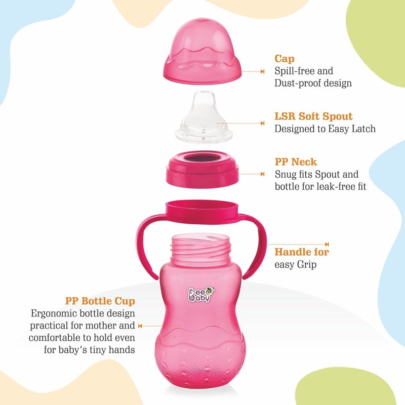 BEEBABY Grippee Soft Silicone Spout Sippy Cup with Handle for Babies, Leak Proof, Anti Spill Sipper for Baby 6 Months+, 100% BPA Free (Grippee - Pink, 300 ML) - Image 4