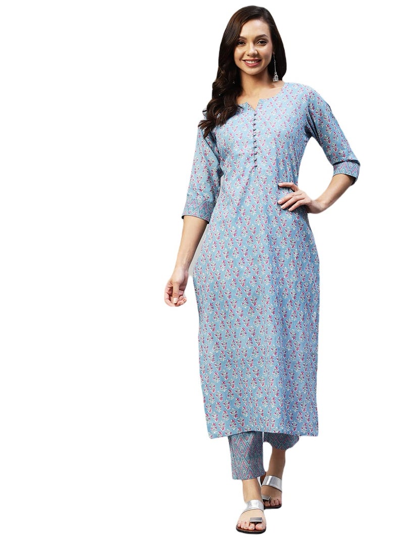 ANNI DESIGNER Women's Cotton Blend Straight Printed Kurta with Pant (Padwil Blue_XXL_ Blue_XX-Large) - Image 1