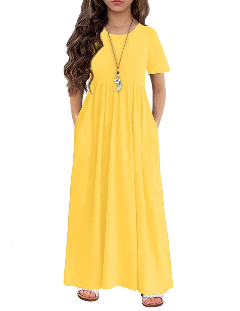 Arshiner Girls Maxi Dress Short Sleeve A-line Summer Holiday Long Dress with Pockets (10-11 Years/Yellow) - Image 1