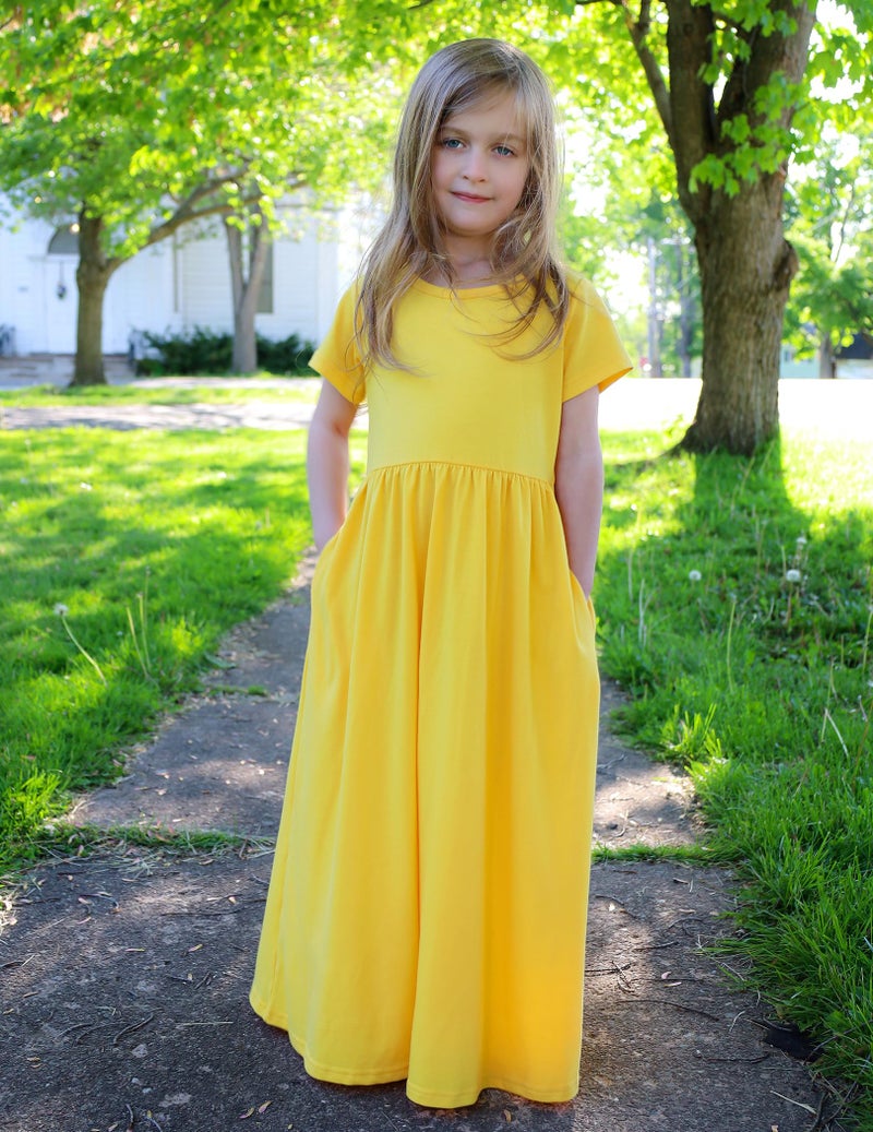 Arshiner Girls Maxi Dress Short Sleeve A-line Summer Holiday Long Dress with Pockets (10-11 Years/Yellow) - Image 2