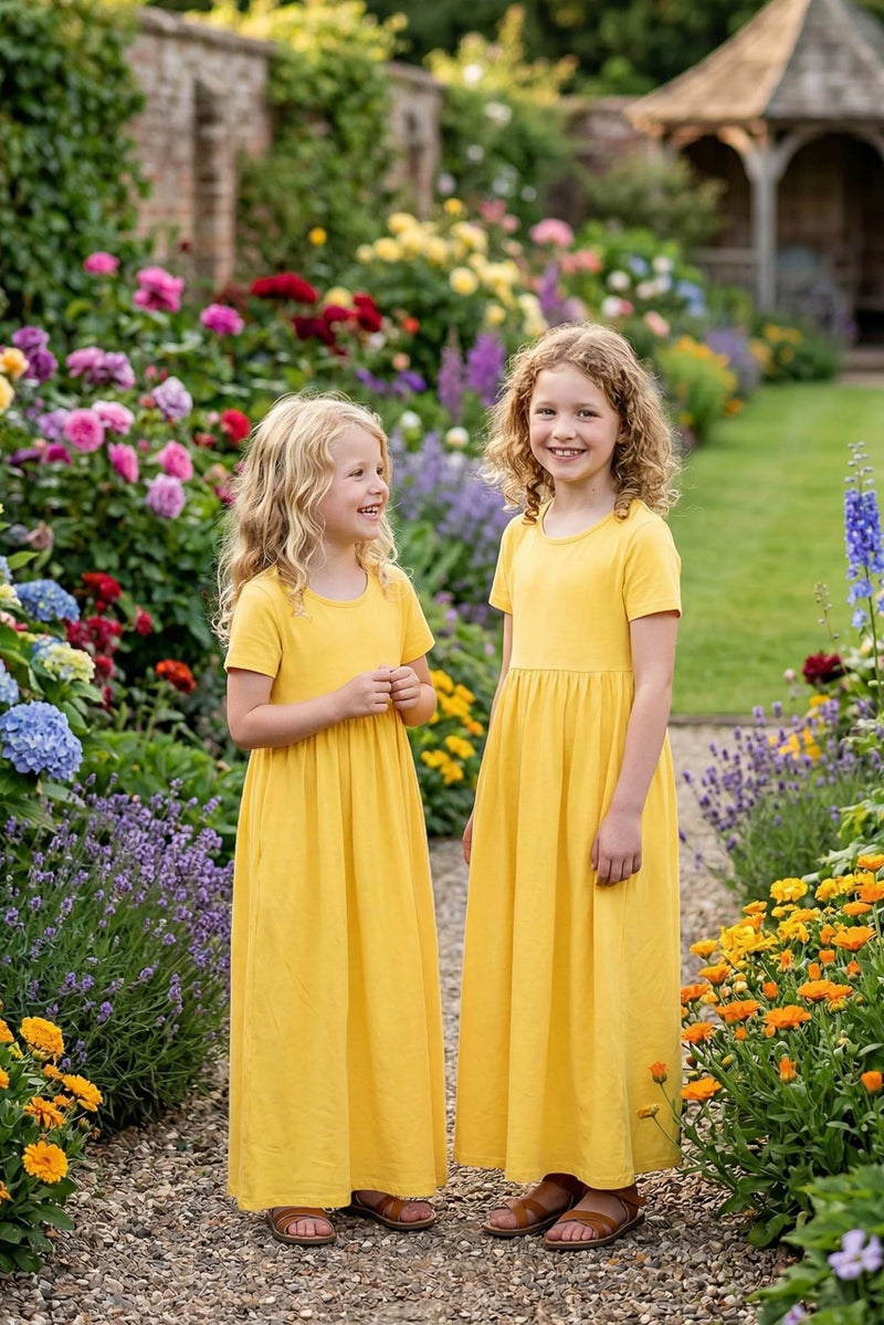 Arshiner Girls Maxi Dress Short Sleeve A-line Summer Holiday Long Dress with Pockets (10-11 Years/Yellow) - Image 4