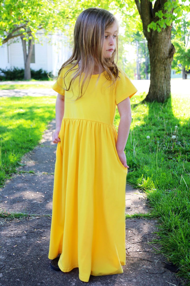 Arshiner Girls Maxi Dress Short Sleeve A-line Summer Holiday Long Dress with Pockets (10-11 Years/Yellow) - Image 3