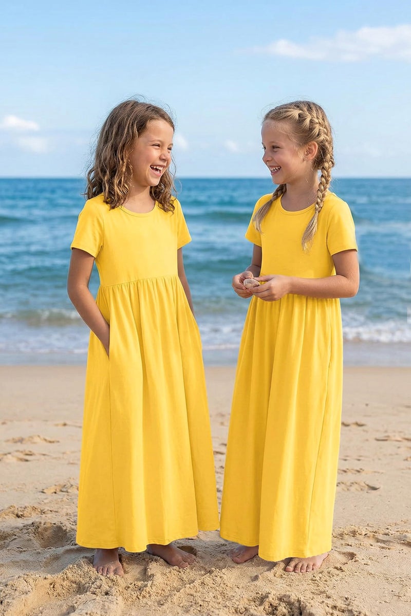 Arshiner Girls Maxi Dress Short Sleeve A-line Summer Holiday Long Dress with Pockets (10-11 Years/Yellow) - Image 5
