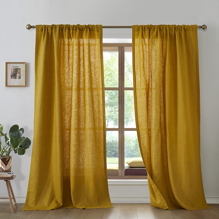 Get Bed Ready Get Bed Ready Pure Luxury Linen Window Panels 100 European Flax Semi Sheer Opaque Curtains 2pc Rod Pocket Back Tab Lightweight Set of 2 Panels Mustard Yellow 50W x 96L 