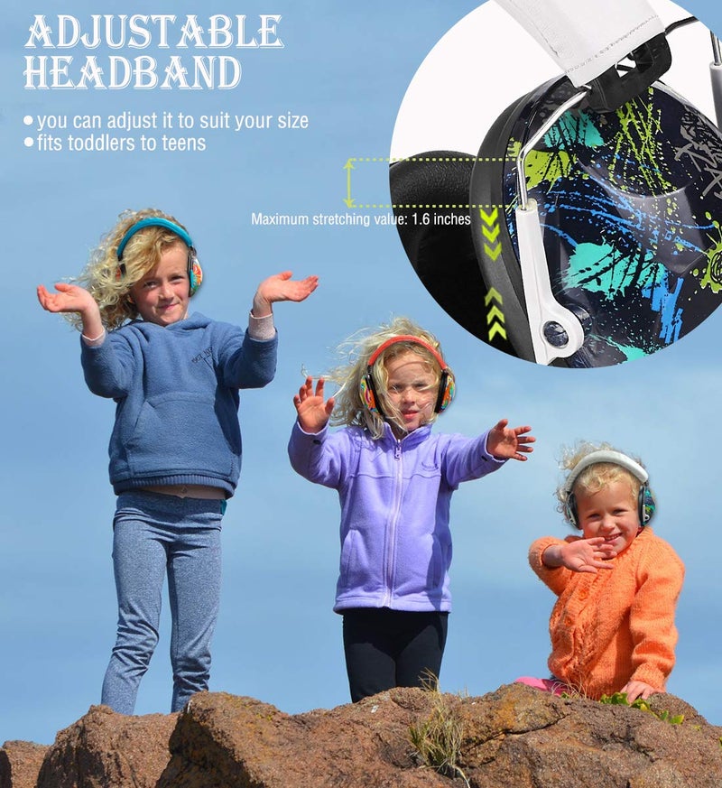 PROHEAR 032 واقيات أذن للأطفال، سماعات أذن أمان، تقليل الضوضاء NRR 25dB، سماعات أطفال قابلة للتعديل لحماية السمع في الفعاليات الرياضية، الحفلات، السباقات، المطارات - نمط جرافيتي - Image 4