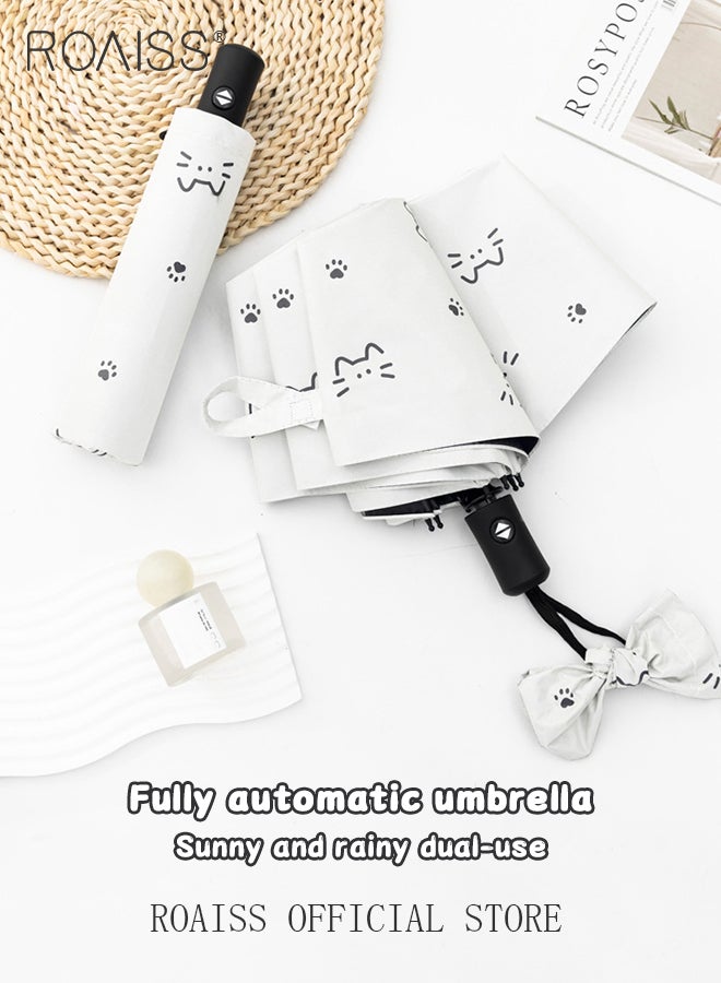 رويس مظلة أوتوماتيكية بالكامل من كارتون كيتن للنساء، 8 أضلاع، خفيفة الوزن ومزدوجة الأغراض، مظلة مدمجة محمولة قابلة للطي تحجب أشعة الشمس بعامل حماية من الأشعة فوق البنفسجية 50+ بشكل فعال - Image 1