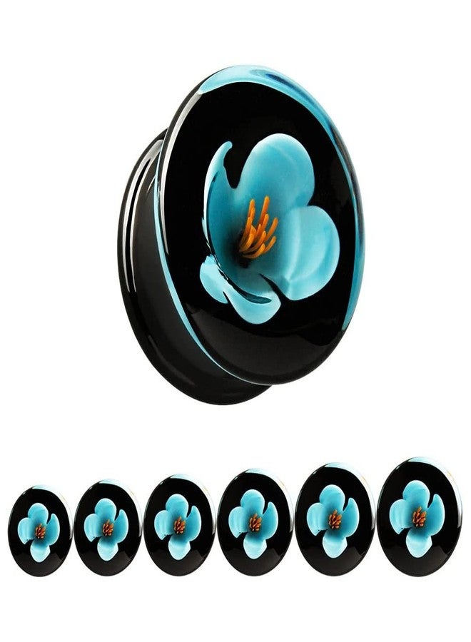 KUBOOZ(1 Pair Glass-Handmade Blue Flower Ear Plugs Tunnels Gauges Stretcher Piercings, Glass - Image 3