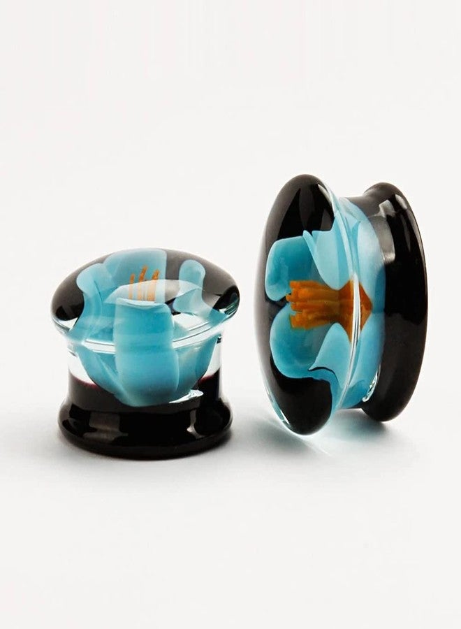 KUBOOZ(1 Pair Glass-Handmade Blue Flower Ear Plugs Tunnels Gauges Stretcher Piercings, Glass - Image 2