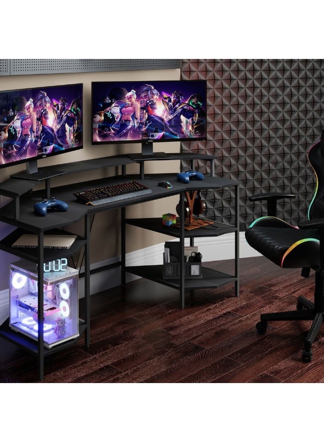 DANUBE HOME Bremen Gaming Desk With Open Shelves | Computer Table | Arts And Crafts Desk | Modern PC Laptop Table | Wood and Metal Study Table For HomeL160xW72xH90cm - Black - Image 2