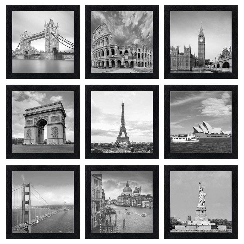 eletecpro 8x8 Picture Frames Set of 9 Classic Gallery Wall Frame Set Displays 4x4 Photo with Mat or 8x8 without Mat Square Picture Frames Collage Wall Decor Black Home Decor for Hanging