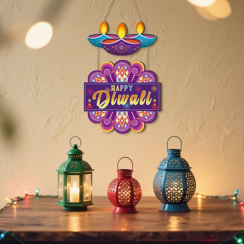 Aurlan Happy Diwali Sign,India Diwali Party Wood Decoration,Festival Of Lights Wall Hanging,Deepavali Themed Wall Plaque,Diwali Door Decor,Dewalee Wooden Hanging Sign for Home Room Party Office - Image 2