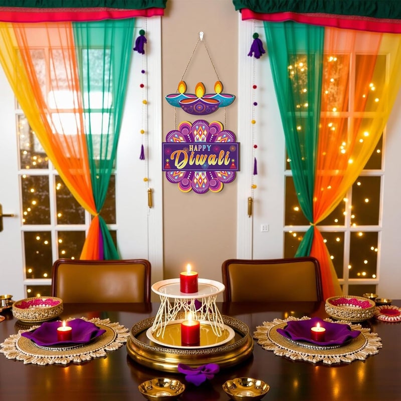 Aurlan Happy Diwali Sign,India Diwali Party Wood Decoration,Festival Of Lights Wall Hanging,Deepavali Themed Wall Plaque,Diwali Door Decor,Dewalee Wooden Hanging Sign for Home Room Party Office - Image 5