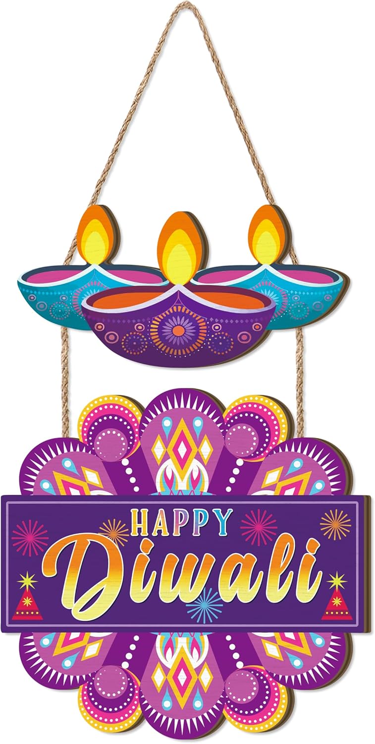 Aurlan Happy Diwali Sign,India Diwali Party Wood Decoration,Festival Of Lights Wall Hanging,Deepavali Themed Wall Plaque,Diwali Door Decor,Dewalee Wooden Hanging Sign for Home Room Party Office - Image 1