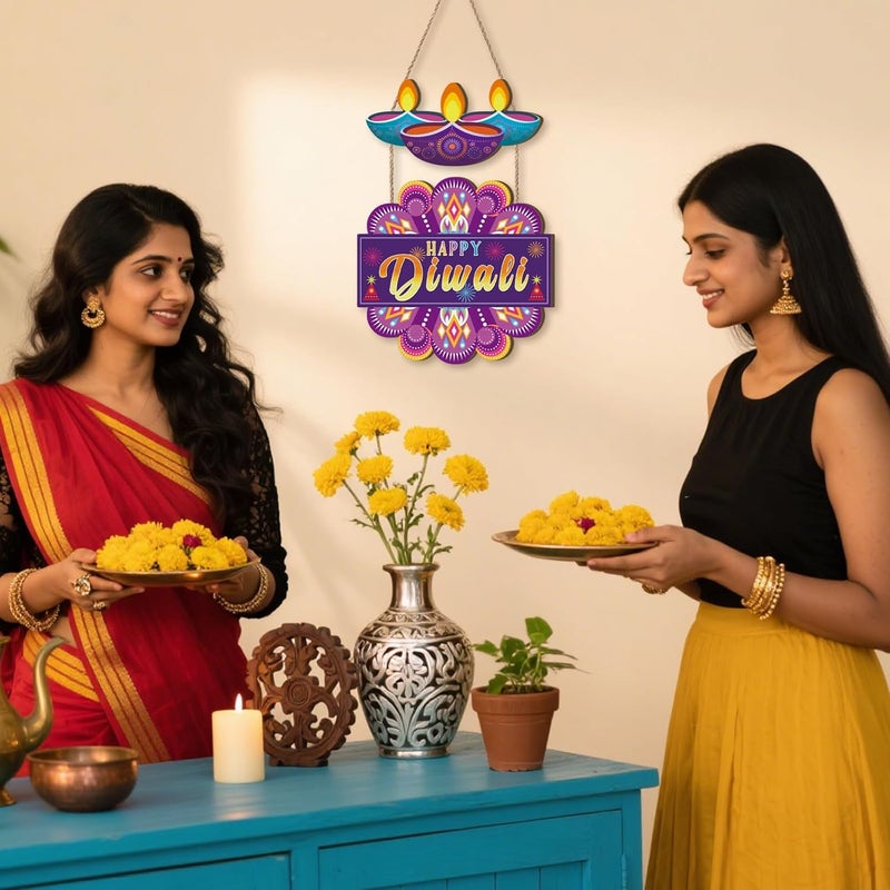 Aurlan Happy Diwali Sign,India Diwali Party Wood Decoration,Festival Of Lights Wall Hanging,Deepavali Themed Wall Plaque,Diwali Door Decor,Dewalee Wooden Hanging Sign for Home Room Party Office - Image 3