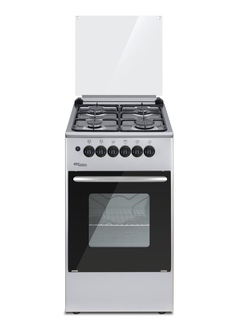 Super General 50 x 50 cm Freestanding Gas Cooker , 4 Europool Burners, Full Safety, Automatic Ignition, Gas Oven with Rotisserie, Oven Tray Grid, Glass Top Lid, 50x50x86cm (WxDxH), Silver,SGC5050FSES 4 SGC5050FSES silver