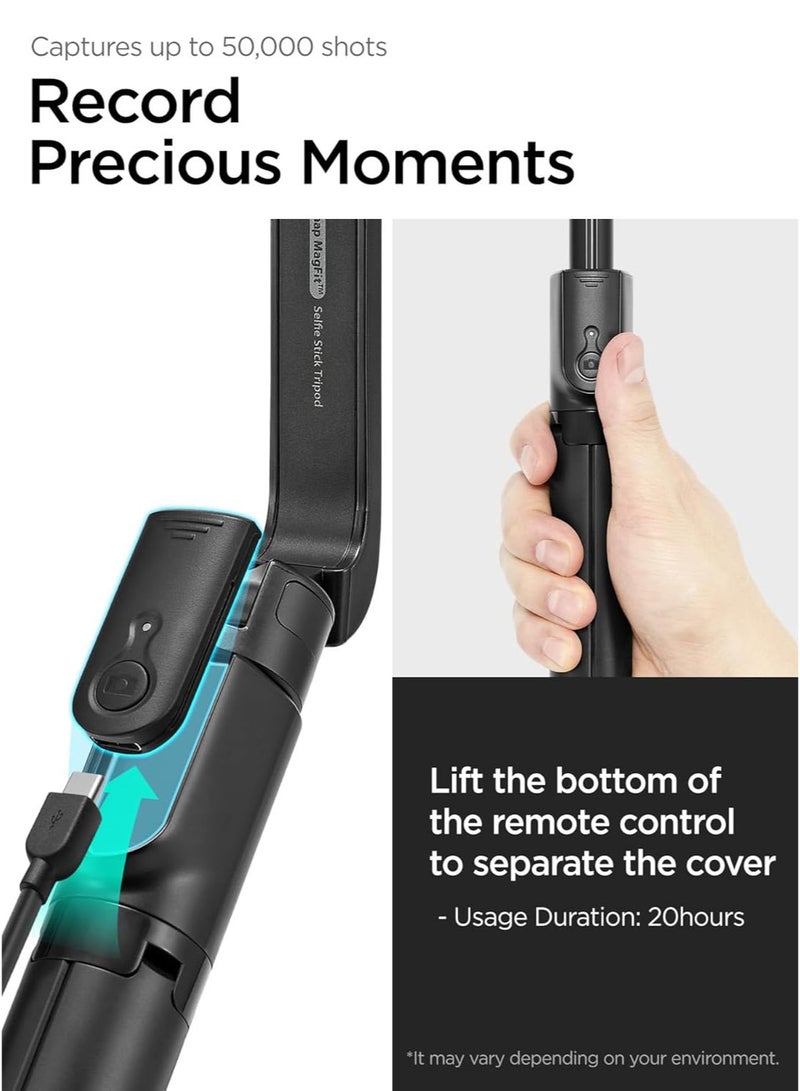 Spigen MagSafe Selfie Stick Tripod Stand (MagFit) with Bluetooth Remote Control Shutter 47" Extendable [MagSafe Metal Ring & Strap included] for iPhone 16 15 14 13 12 Pro Max & Android - Black  - Image 5