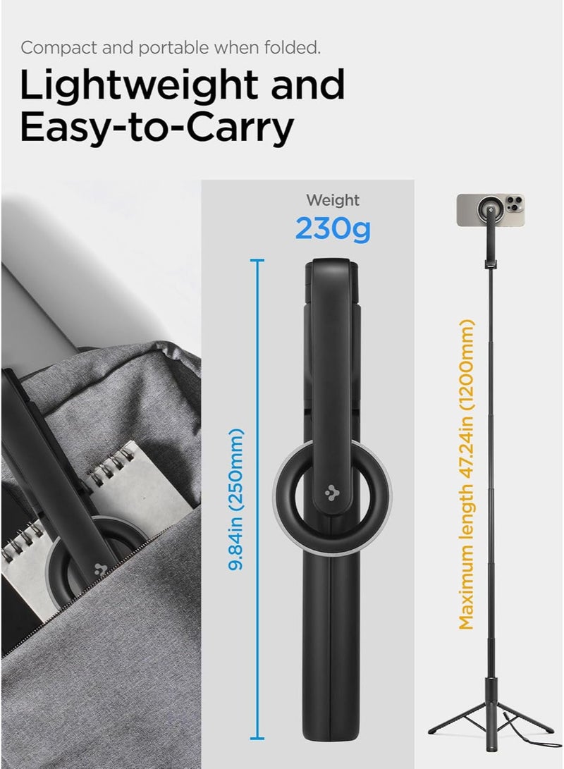 Spigen MagSafe Selfie Stick Tripod Stand (MagFit) with Bluetooth Remote Control Shutter 47" Extendable [MagSafe Metal Ring & Strap included] for iPhone 16 15 14 13 12 Pro Max & Android - Black  - Image 4
