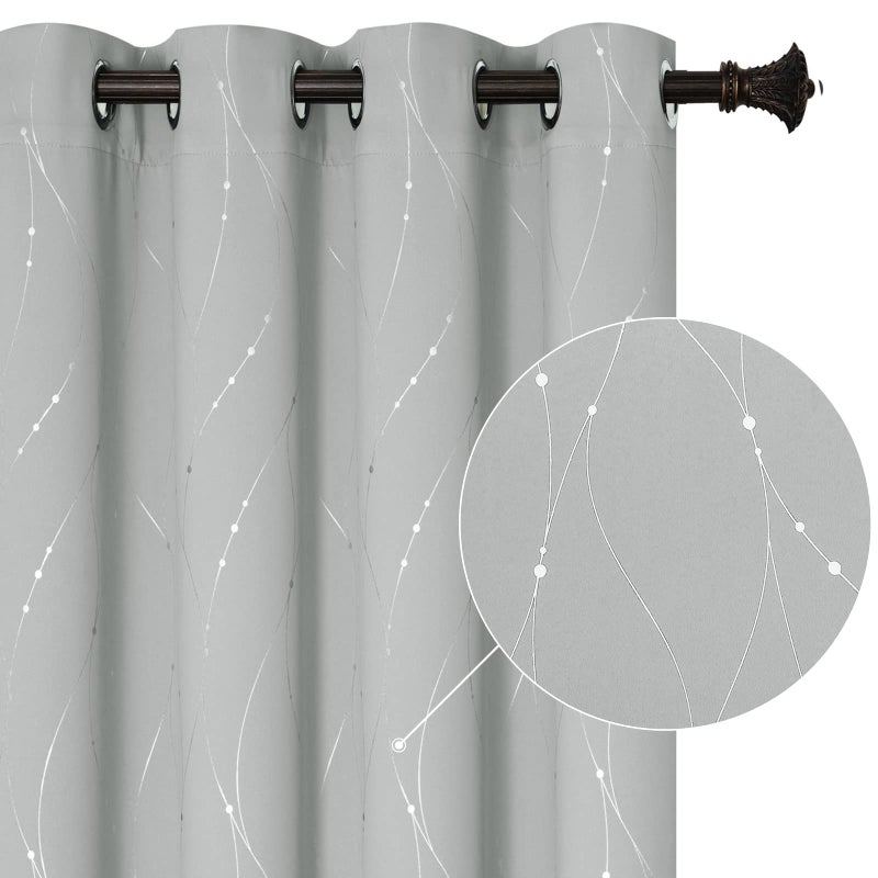 BUHUA Blackout Curtains Foil Print Grommet Drapes  Room Darkening Thermal Insulated Curtains  Noise Reducing Blackout Curtain for Bedroom  Silver Grey  52Wx84L  2 Panels - Image 1