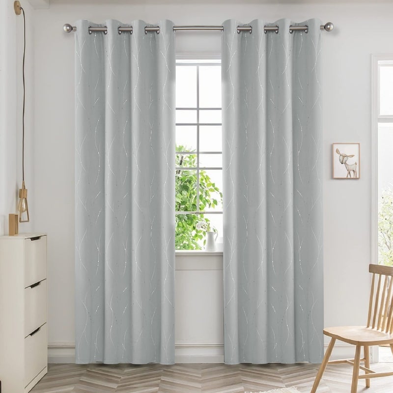 BUHUA Blackout Curtains Foil Print Grommet Drapes  Room Darkening Thermal Insulated Curtains  Noise Reducing Blackout Curtain for Bedroom  Silver Grey  52Wx84L  2 Panels - Image 2