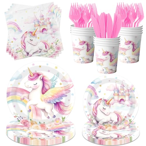 Cextoga Unicorn Birthday Decorations,144pcs Unicorn Plates and Napkins Cups Pastel Rainbow Unicorn Birthday Decorations Tableware for Girl Unicorn Party Supplies,Serves 24 - Image 1