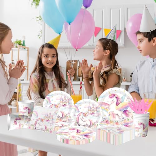 Cextoga Unicorn Birthday Decorations,144pcs Unicorn Plates and Napkins Cups Pastel Rainbow Unicorn Birthday Decorations Tableware for Girl Unicorn Party Supplies,Serves 24 - Image 2