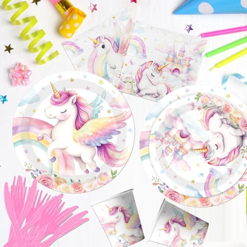 Cextoga Unicorn Birthday Decorations,144pcs Unicorn Plates and Napkins Cups Pastel Rainbow Unicorn Birthday Decorations Tableware for Girl Unicorn Party Supplies,Serves 24 - Image 4