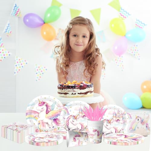 Cextoga Unicorn Birthday Decorations,144pcs Unicorn Plates and Napkins Cups Pastel Rainbow Unicorn Birthday Decorations Tableware for Girl Unicorn Party Supplies,Serves 24 - Image 3