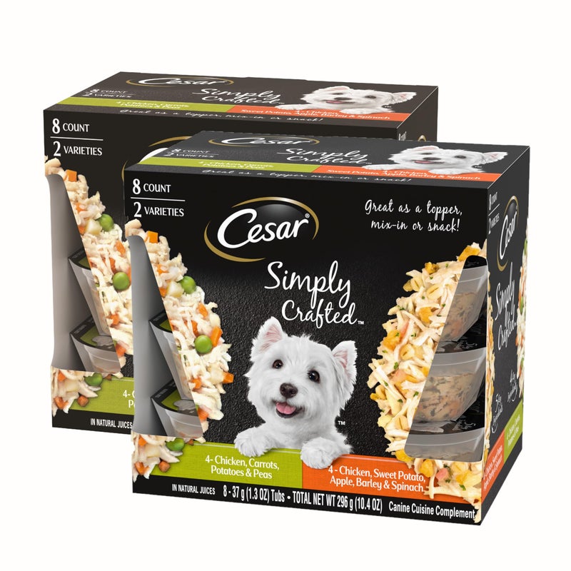 Cesar Simply Crafted Wet Dog Food Toppers for Dry Food, Chicken, Carrots, Potatoes & Peas and Chicken, Sweet Potato, Apple, Barley & Spinach Meal Topper Variety Pack, 1.3 oz. Tubs, 8 Count (Pack of 2) - Image 1