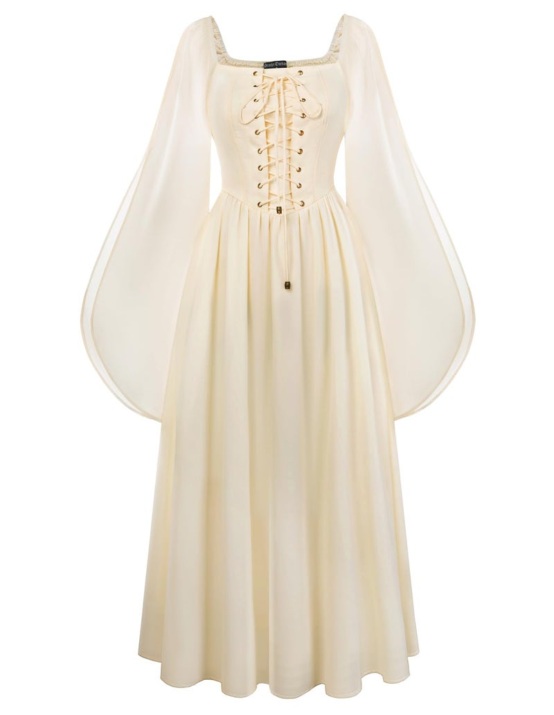 Scarlet Darkness Peasant Dress for Women Renaissance Dress Bell Sleeve Boho Flowy Medieval Fairy Costume Apricot XL - Image 1