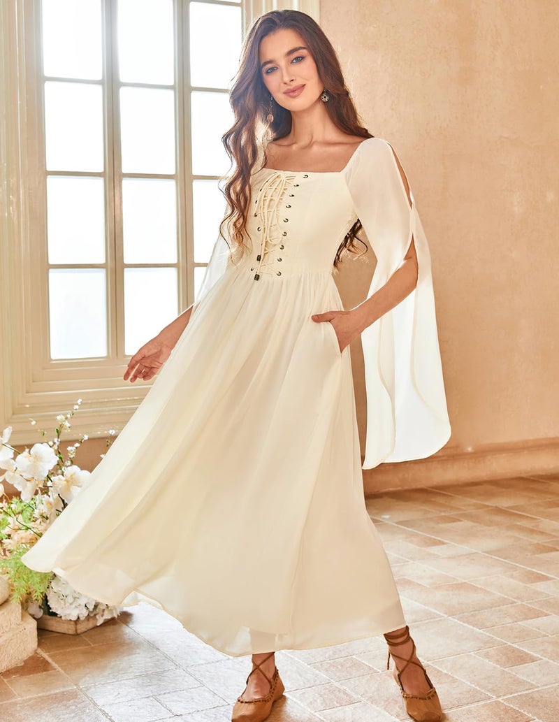 Scarlet Darkness Peasant Dress for Women Renaissance Dress Bell Sleeve Boho Flowy Medieval Fairy Costume Apricot XL - Image 2