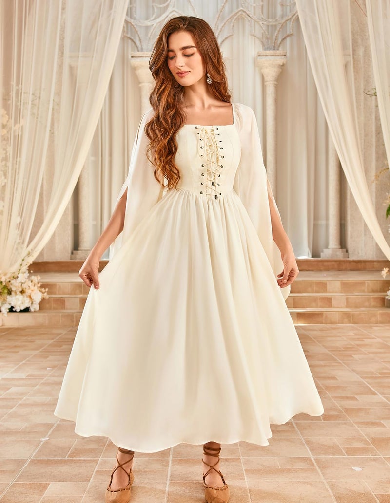 Scarlet Darkness Peasant Dress for Women Renaissance Dress Bell Sleeve Boho Flowy Medieval Fairy Costume Apricot XL - Image 5