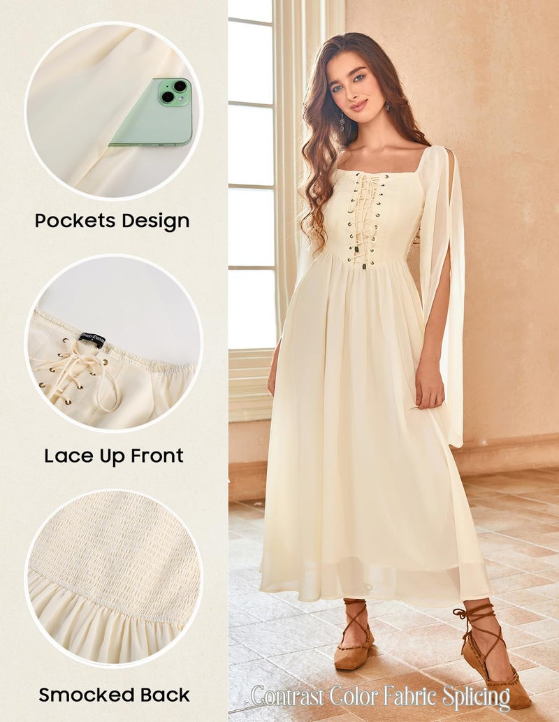 Scarlet Darkness Peasant Dress for Women Renaissance Dress Bell Sleeve Boho Flowy Medieval Fairy Costume Apricot XL - Image 4