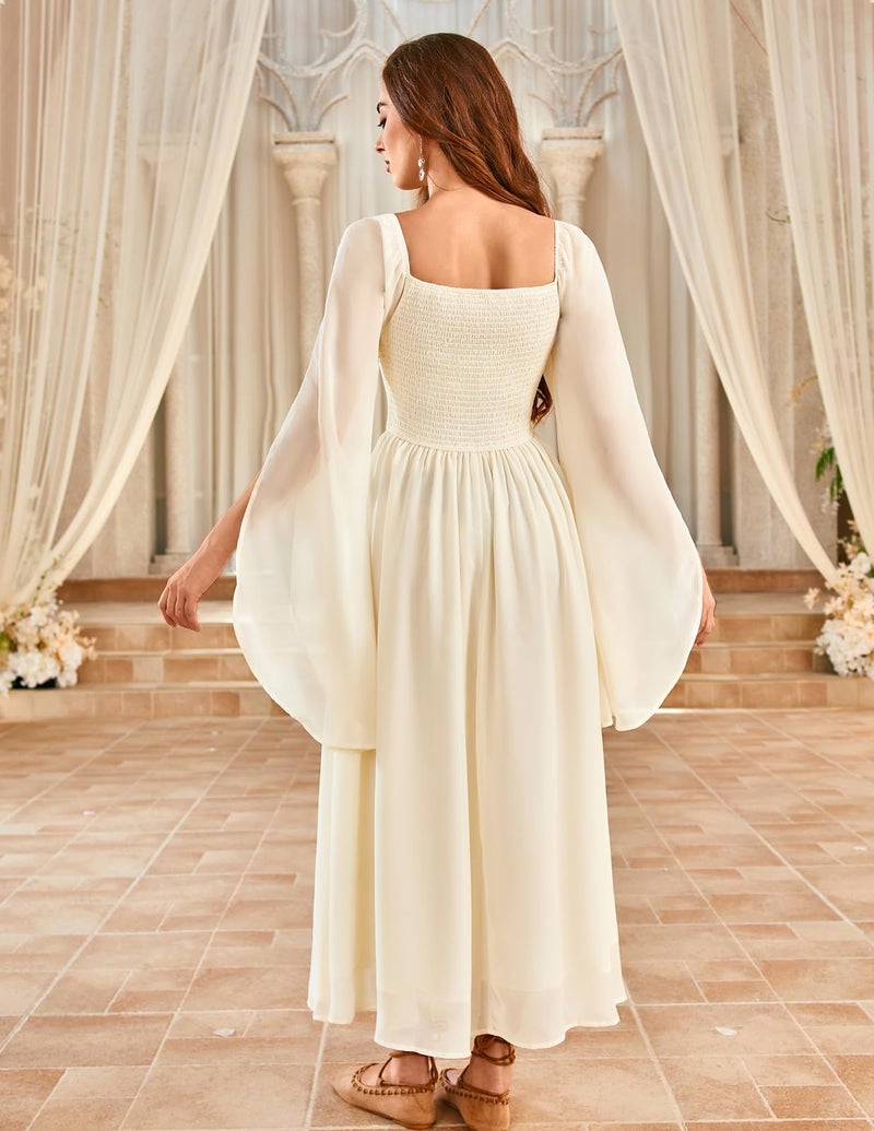 Scarlet Darkness Peasant Dress for Women Renaissance Dress Bell Sleeve Boho Flowy Medieval Fairy Costume Apricot XL - Image 3