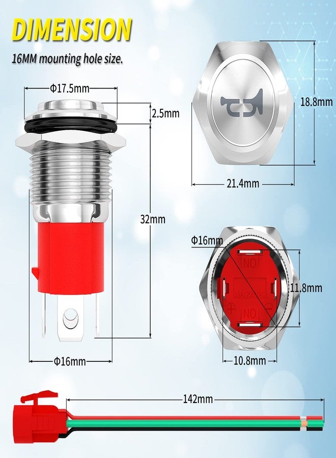 Joinfworld زر بوق Joinfworld، 12 فولت، 20 أمبير، مفتاح معدني شديد التحمل، مكبر صوت 16 مم، إضاءة LED زرقاء، مفتاح لحظي من الفولاذ المقاوم للصدأ، مناسب للبارات والقطارات الهوائية الأوتوماتيكية - Image 2