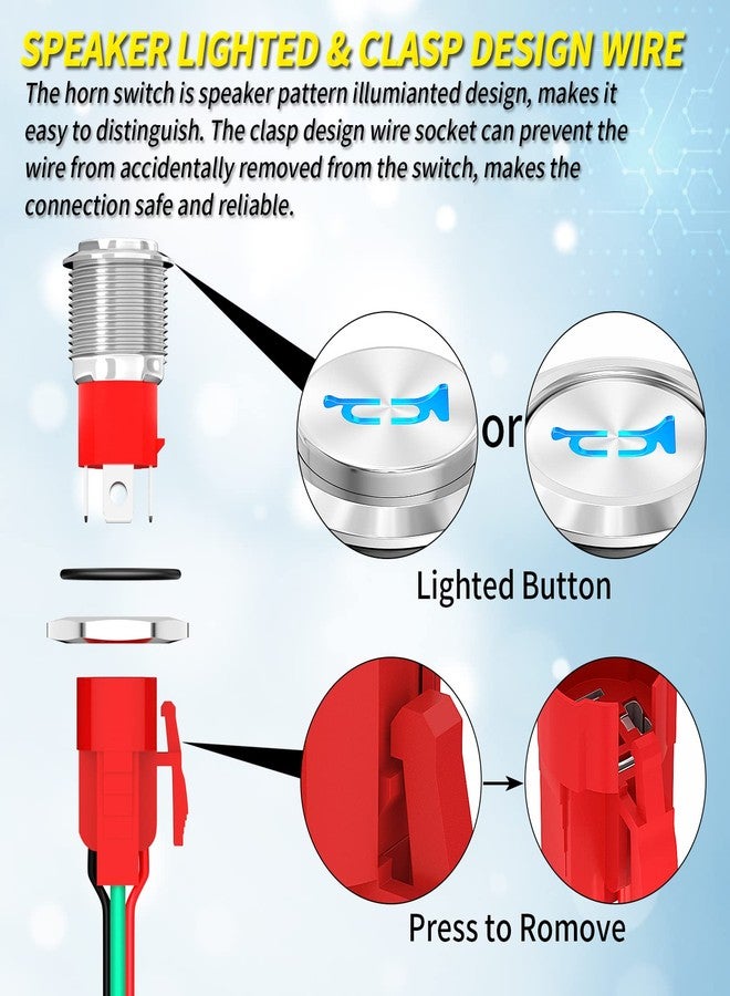 Joinfworld زر بوق Joinfworld، 12 فولت، 20 أمبير، مفتاح معدني شديد التحمل، مكبر صوت 16 مم، إضاءة LED زرقاء، مفتاح لحظي من الفولاذ المقاوم للصدأ، مناسب للبارات والقطارات الهوائية الأوتوماتيكية - Image 4
