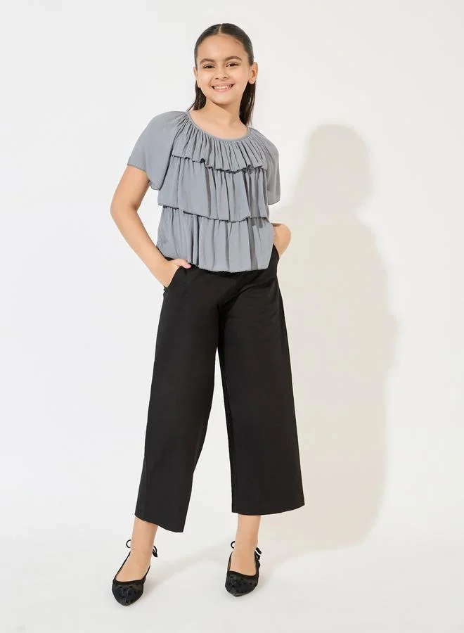 ستايلي طقم بناتي قطعتين بلوزة قصيرة الأكمام وبنطلون واسع الساق