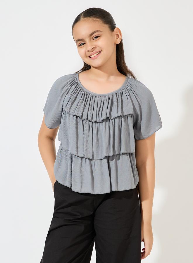 ستايلي طقم بناتي قطعتين بلوزة قصيرة الأكمام وبنطلون واسع الساق - Image 2