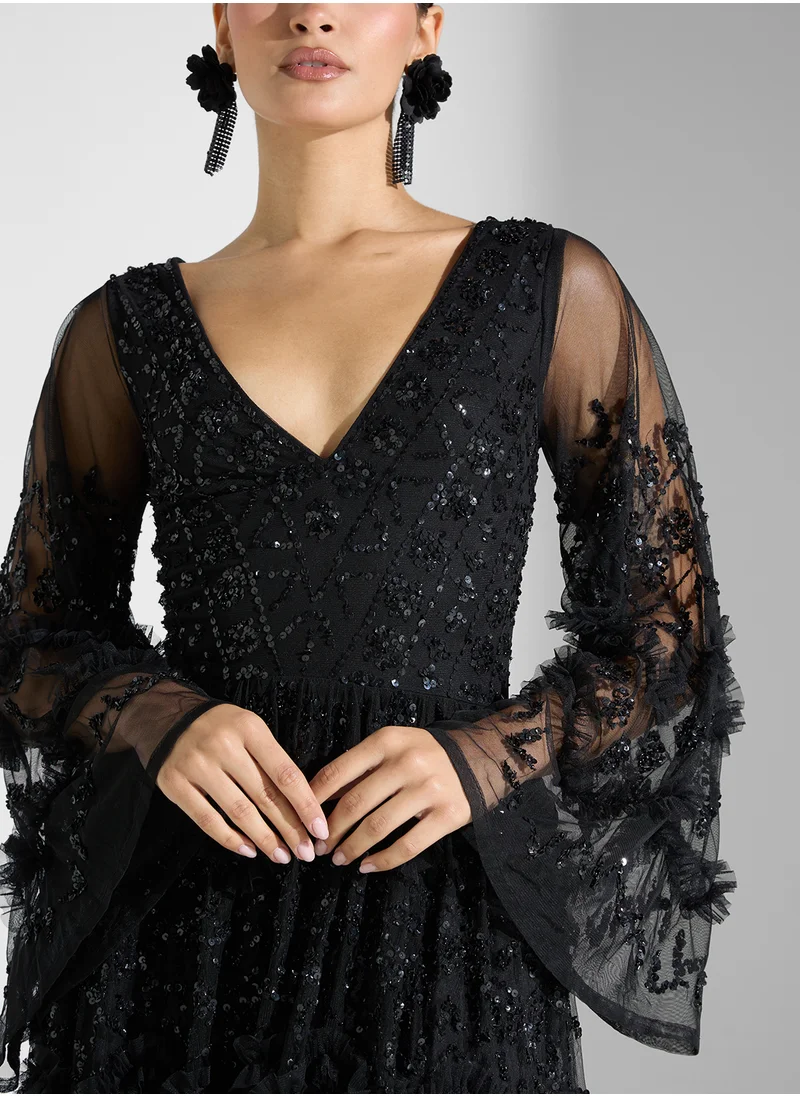 Maya Premium Ruffle All Over Embellished Maxi Dress