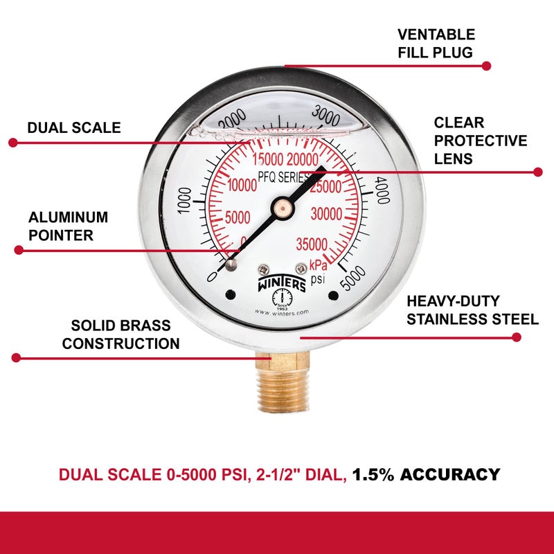 Winters Instruments Winters 2-1/2" Dial Size, Liquid Filled Industrial Pressure Gauge, Brass Internals, Stainless Steel Case, Dual Scale 0-5,000 psi/kPa, 1.5% Acc, 1/4" NPT Bottom Mount, Glycerin Filled Pressure Gauge - Image 4