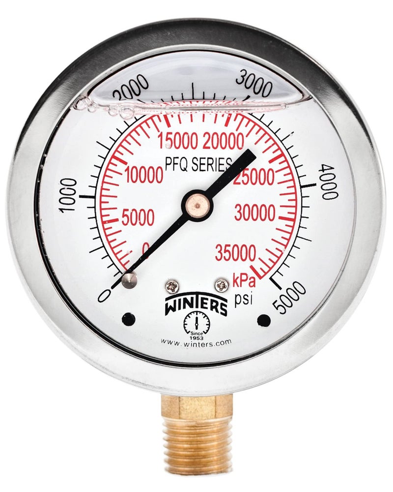 Winters Instruments Winters 2-1/2" Dial Size, Liquid Filled Industrial Pressure Gauge, Brass Internals, Stainless Steel Case, Dual Scale 0-5,000 psi/kPa, 1.5% Acc, 1/4" NPT Bottom Mount, Glycerin Filled Pressure Gauge - Image 2