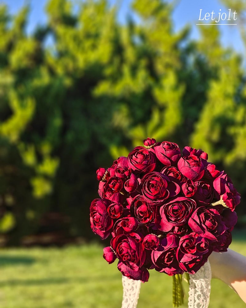Letjolt Ranunculus Artificial Flower 18 Pcs Red Silk Ranunculus Wedding Bouquet Engagement Centerpieces Arrangements Bridal Shower Decorations Home Decor, Dark Red - Image 3